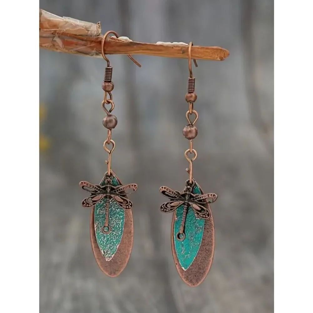 NWT Bohemian Rustic Dragonfly Earring Turquoise Color-Wash Copper Layered Dangle